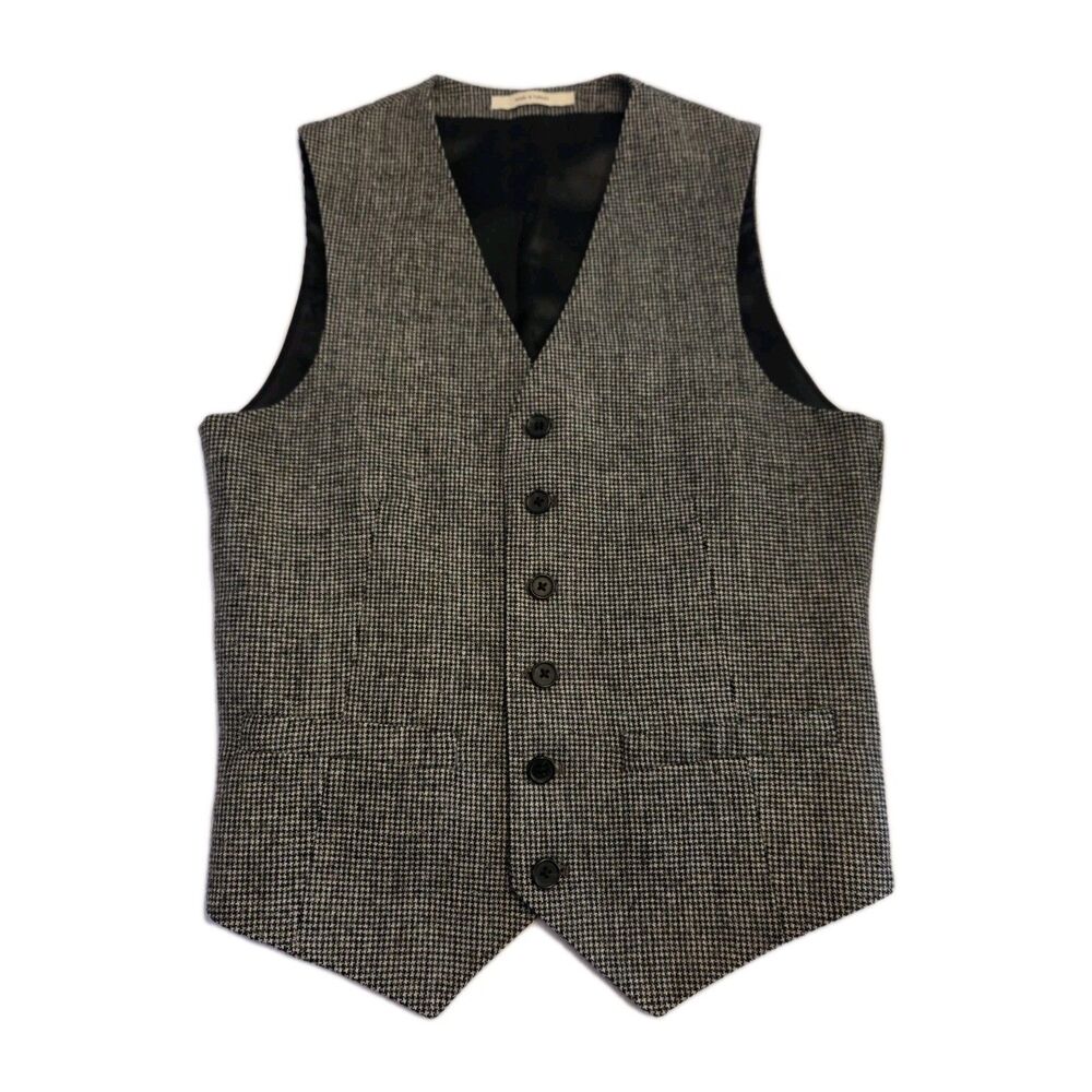 Club Monaco Men’s Wool Blend Vest Size 36 Houndstooth Gray Button Front Flaw
